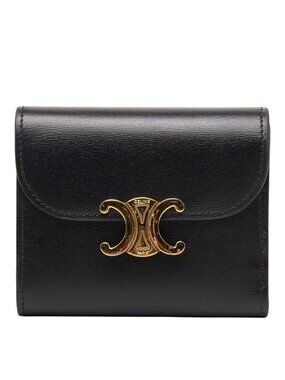 Celine Triomphe Compact Wallet Trifold Black Leather